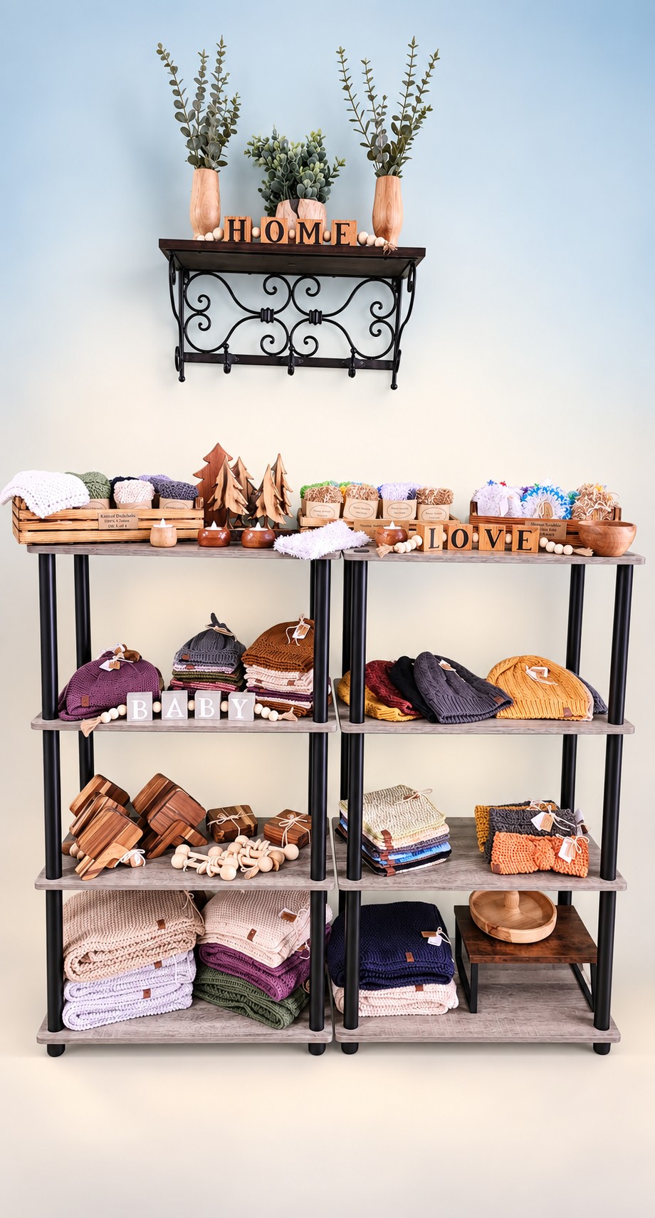 Shelf of cozy knit hats and handmade wood décor
