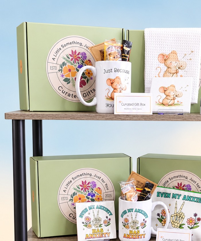 Curated gift boxes with mugs and matching prints by Mary Francis