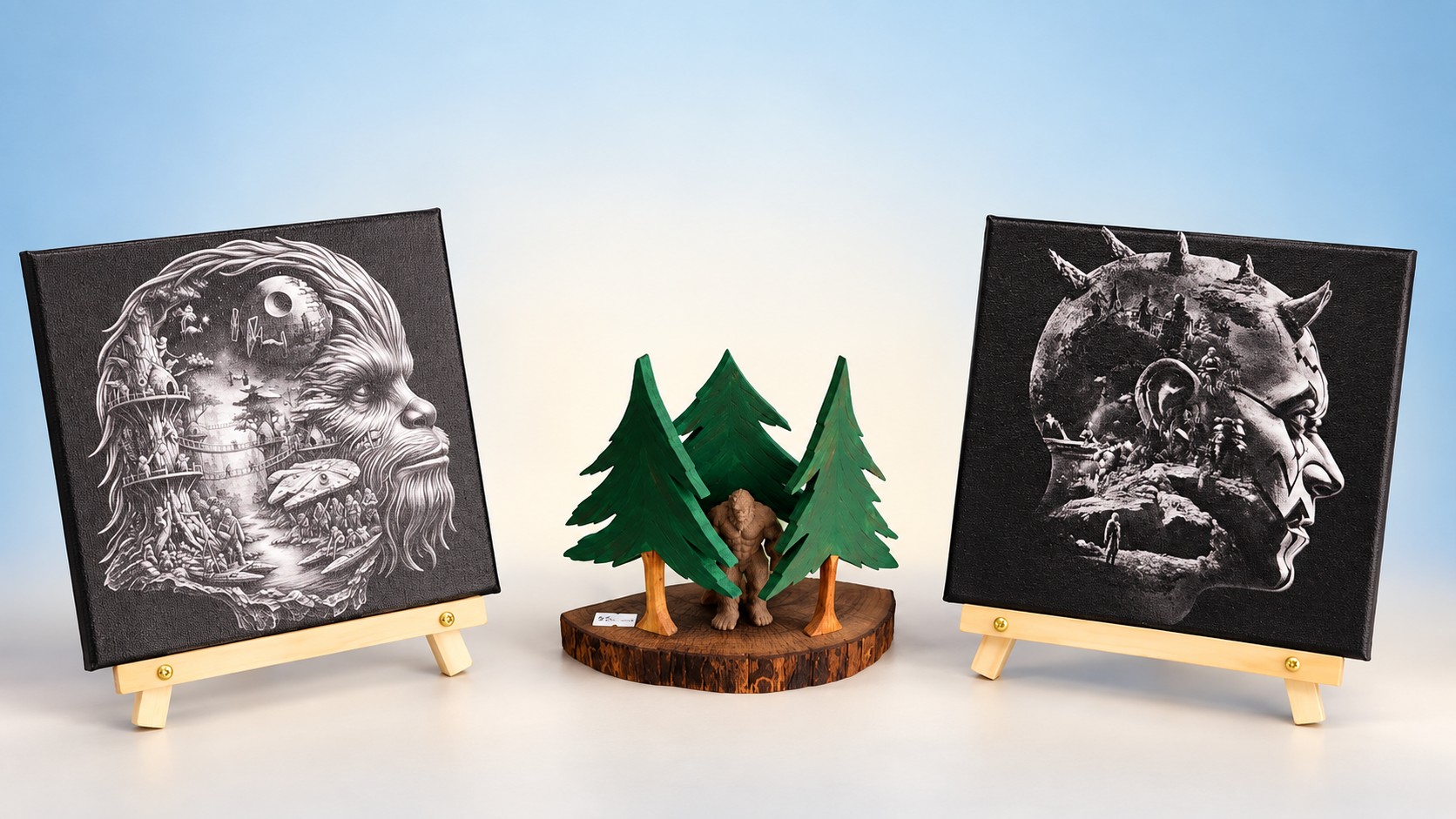 Custom engraved canvas art on display in the shop