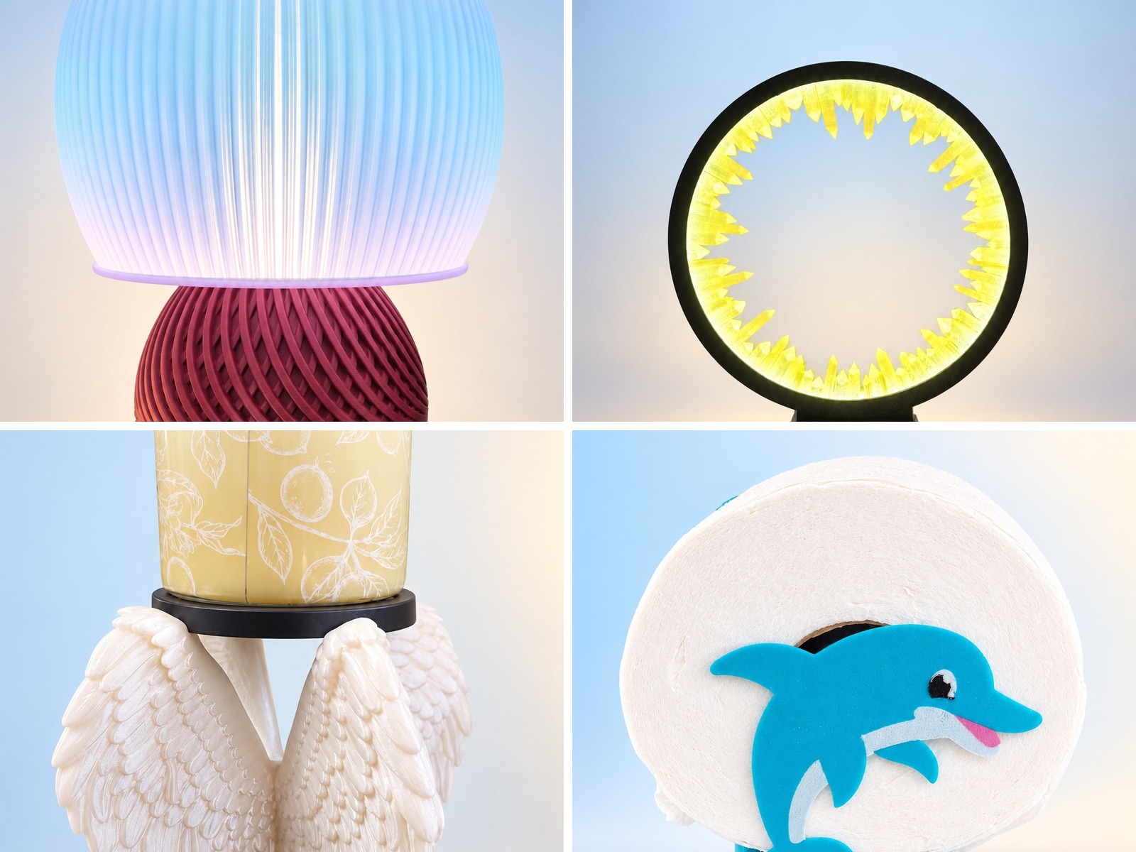 Glowing 3D-printed lamps, angel wing candle holder, and dolphin toilet paper holder by Cheryl Travis