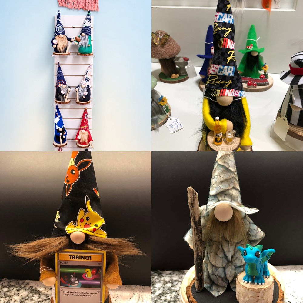 Handmade gnomes by Karen Kidney including a sports team gnome rack, a NASCAR racing gnome, a Pokémon trainer gnome, and a fantasy dragon wizard gnome