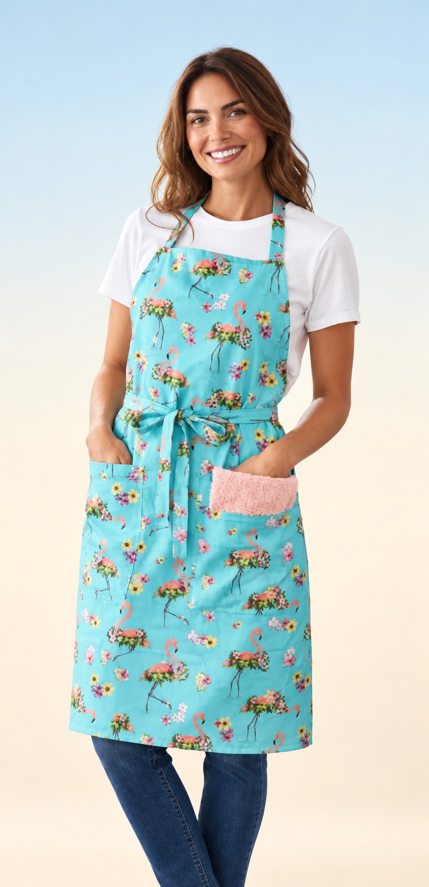 Flamingo print sublimated apron from the Qwik Draw Apron Sets by LeAnne Morvee