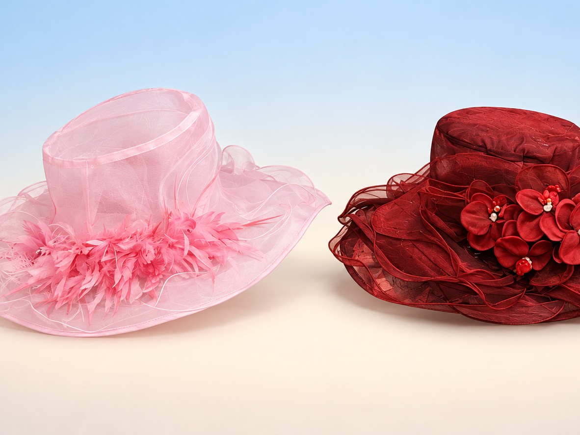 Blush pink and merlot organza dress hats with feather and flower trim by LeAnne Morvee