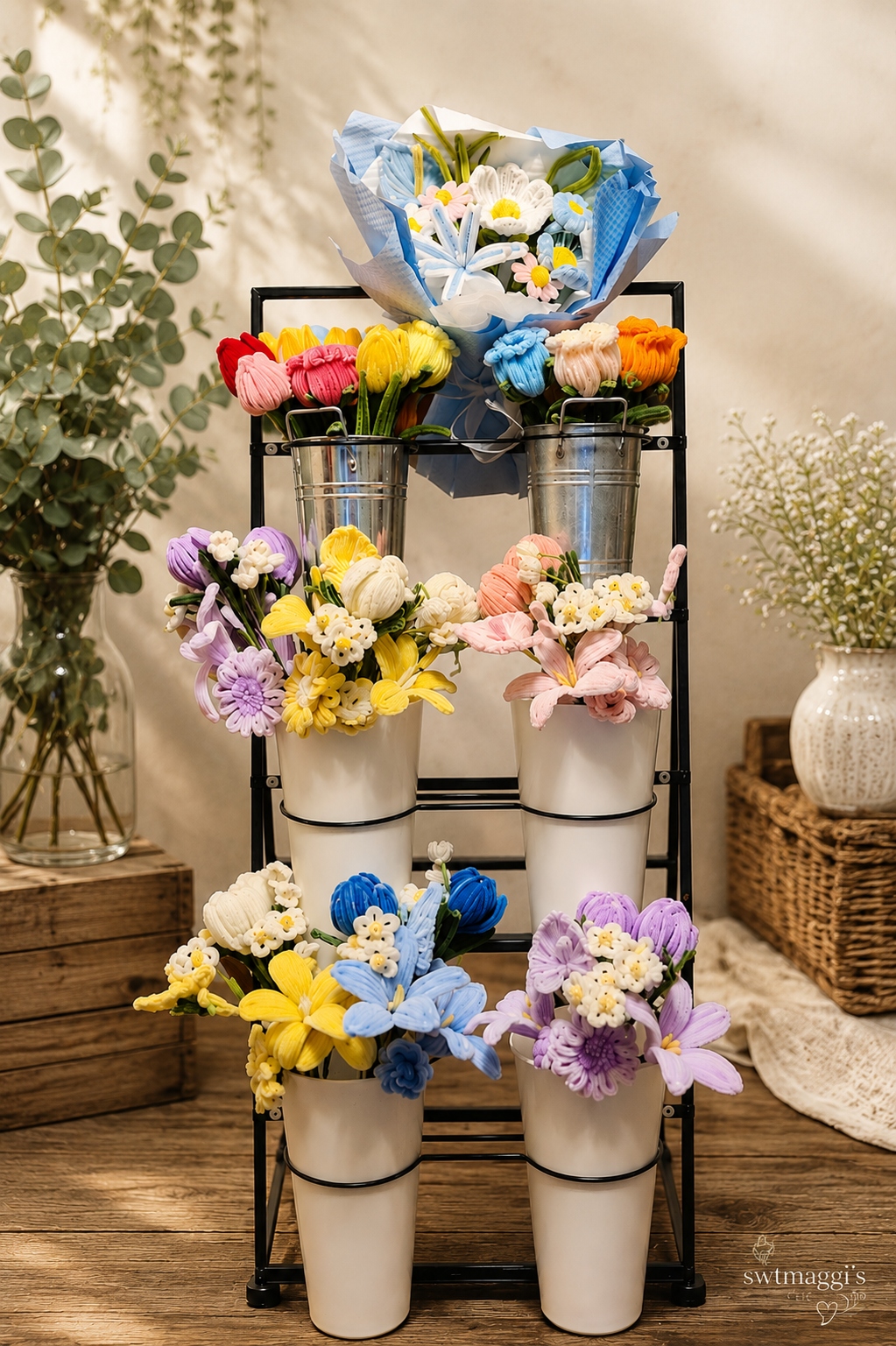 Forever Petals felt tulip bouquet in a teal 3D-printed vase by LeAnne Morvee