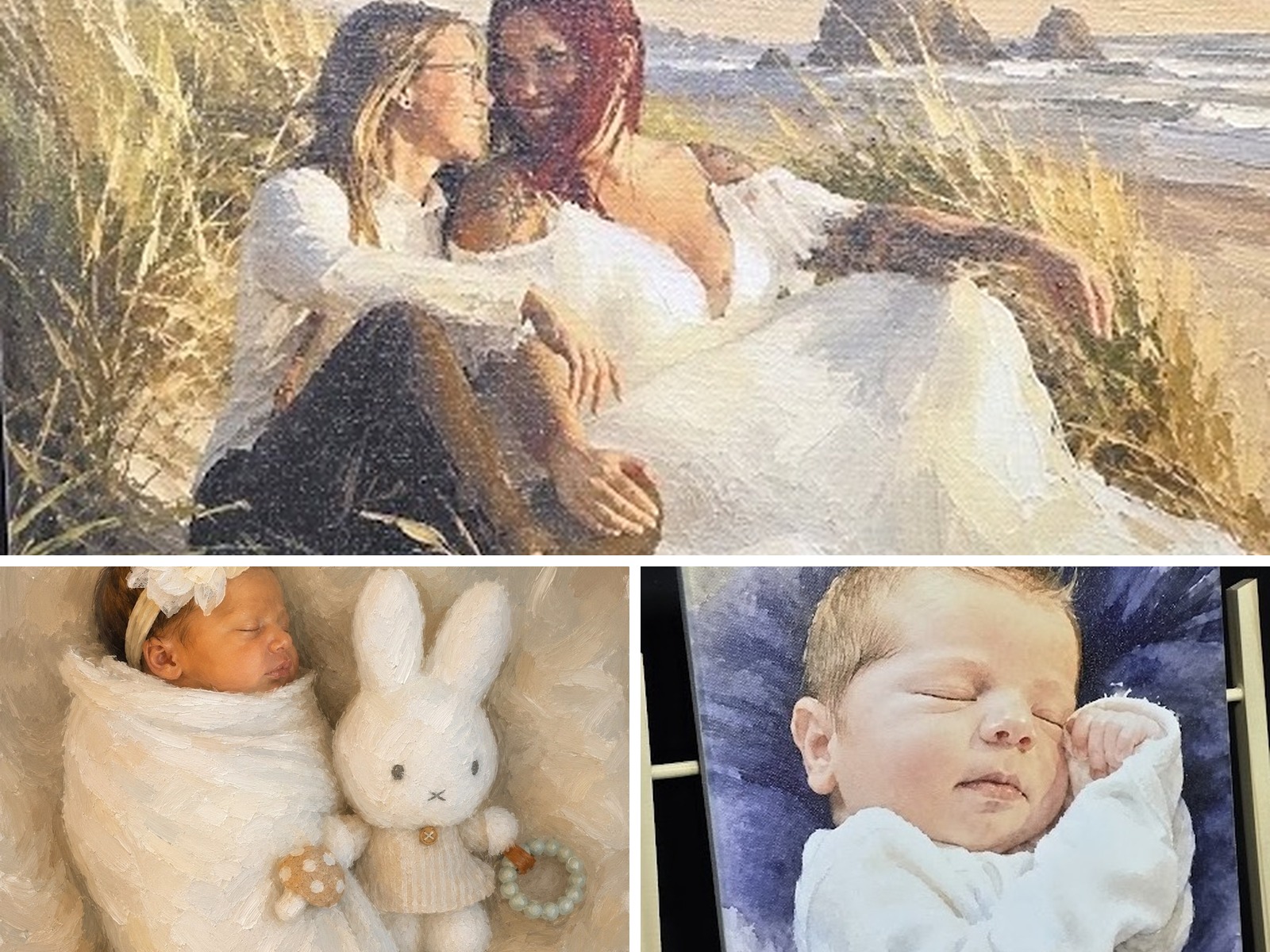 Three custom portrait canvas examples by LeAnne Morvee: an oil-painted beach portrait, a newborn with a bunny toy, and a watercolor sleeping baby