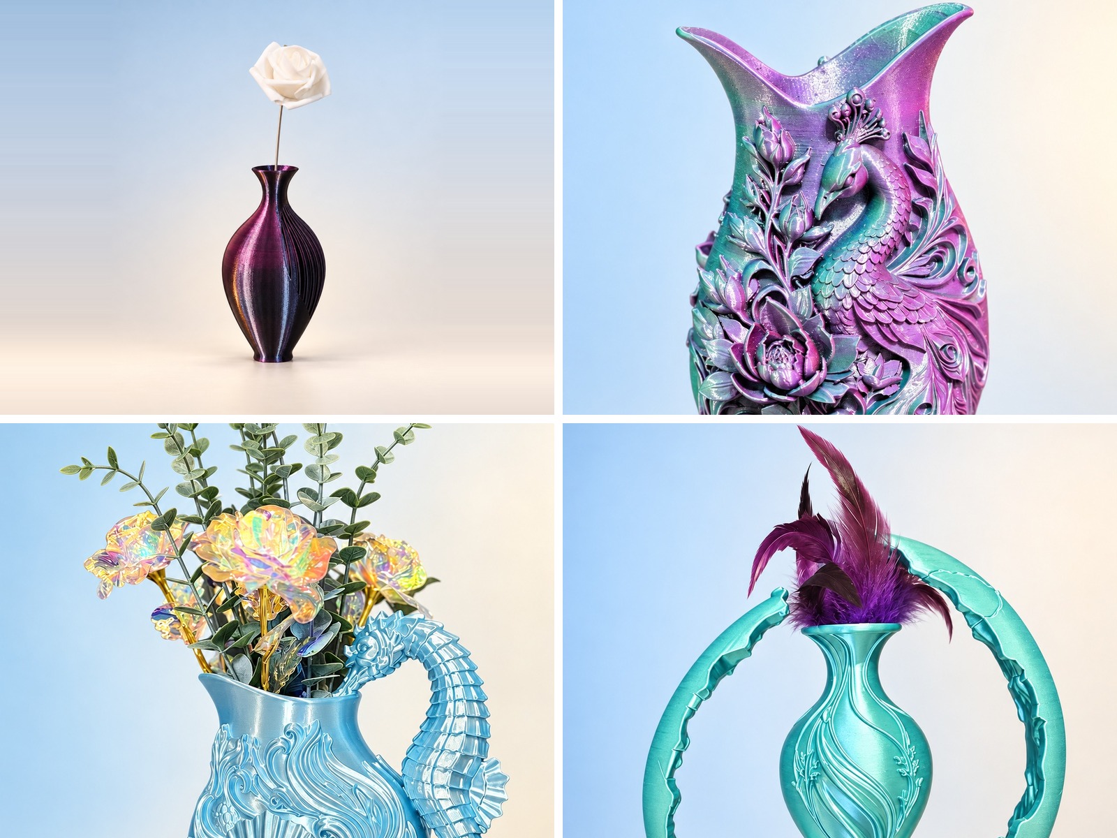 Four iridescent 3D-printed vases and sculptures by LeAnne Morvee: a fairy vase with a white rose, a peacock and floral vase, a seahorse-handled pitcher with roses, and a ring sculpture with a feather accent