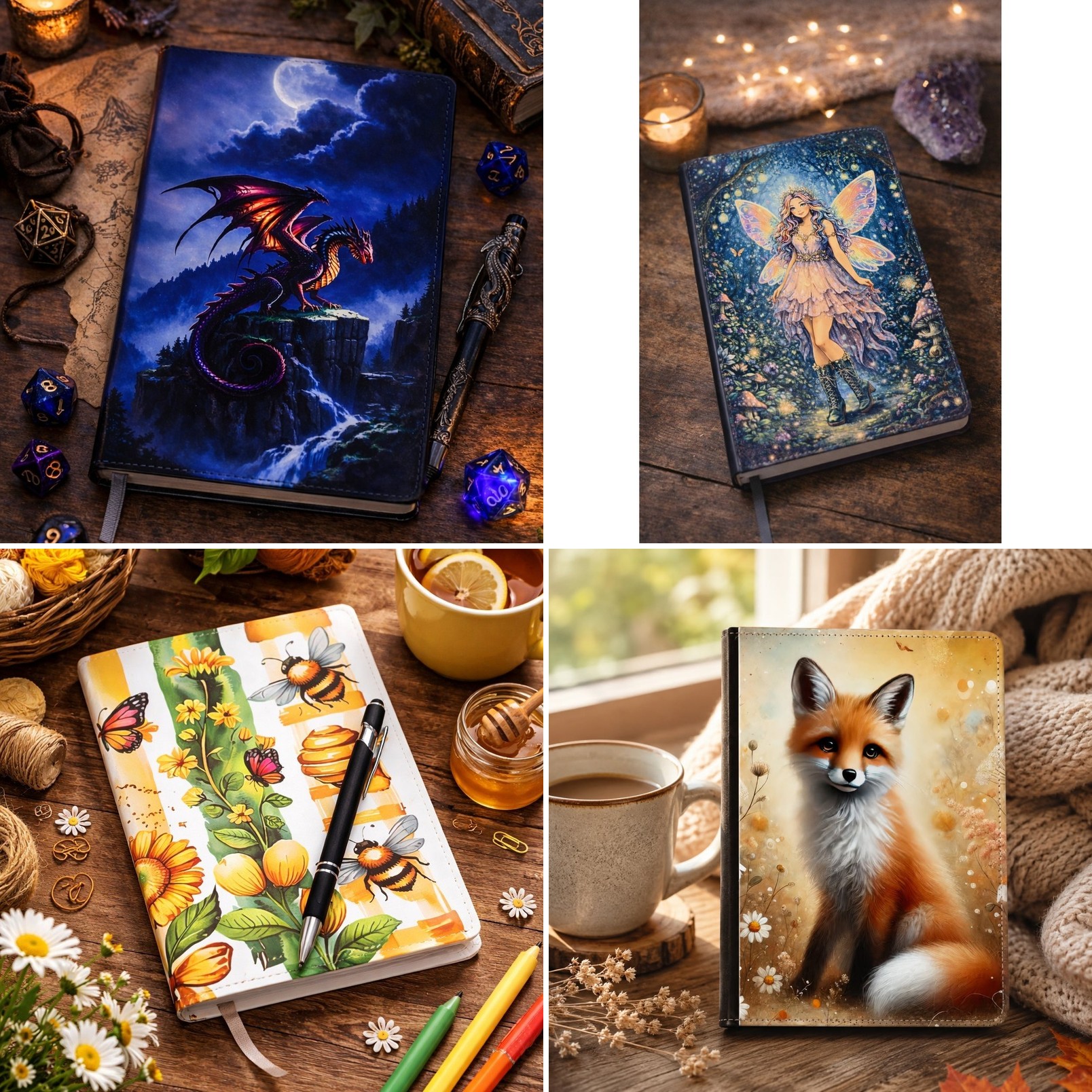 Custom interchangeable journals by Mary Francis of Hotflash Craft Studio featuring dragon, fairy, bee, and fox cover art