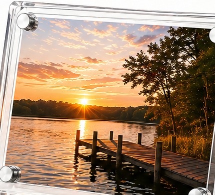 Custom acrylic picture frame by Morvee Shine Shack displaying a sunset lake photo