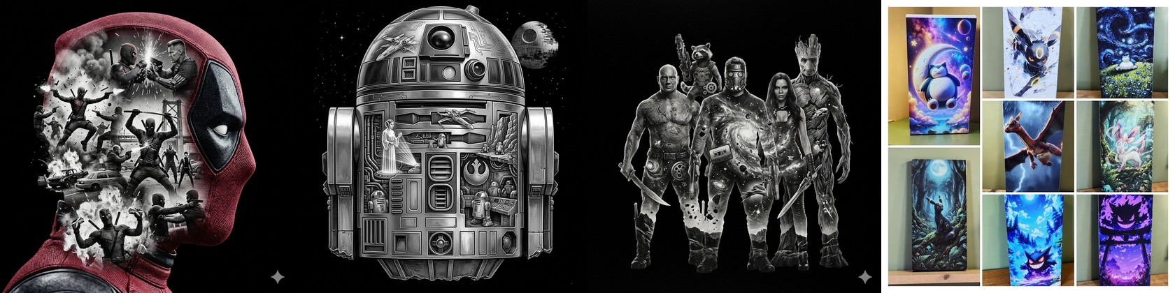Fantasy and sci-fi fandom art canvases by Morvee Shine Shack featuring Star Wars, Marvel, and Pokémon designs