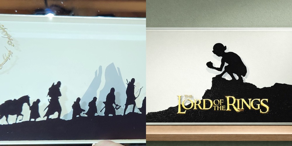 Engraved glass display tiles by Morvee Shine Shack featuring Lord of the Rings artwork