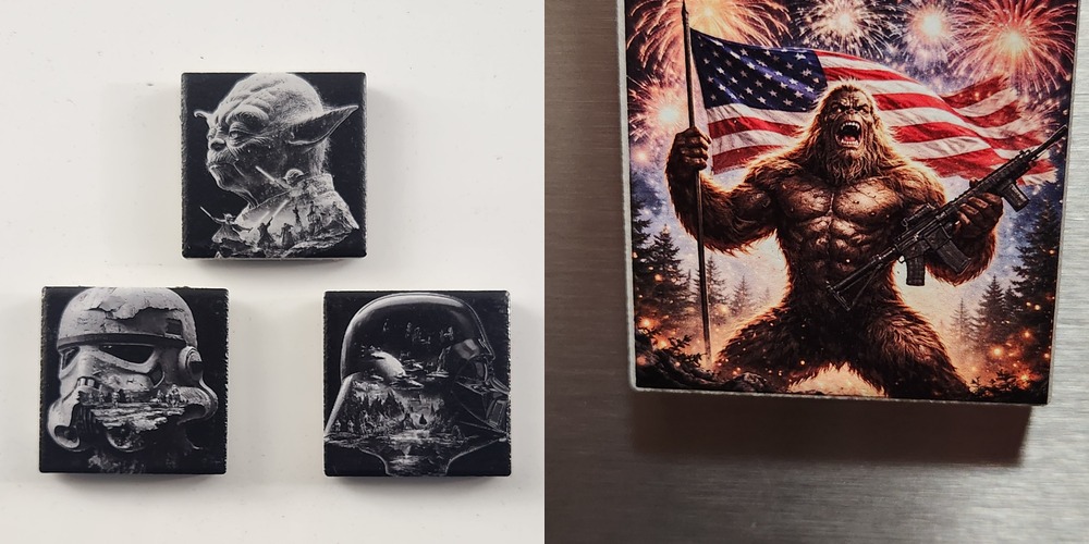 Fandom magnets by Morvee Shine Shack featuring Star Wars characters and a patriotic Bigfoot design