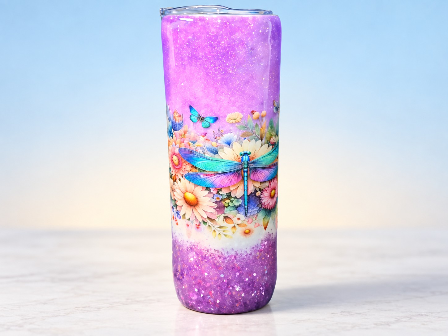 Resin and sublimation glitter tumbler with floral dragonfly design by Cheryl Travis