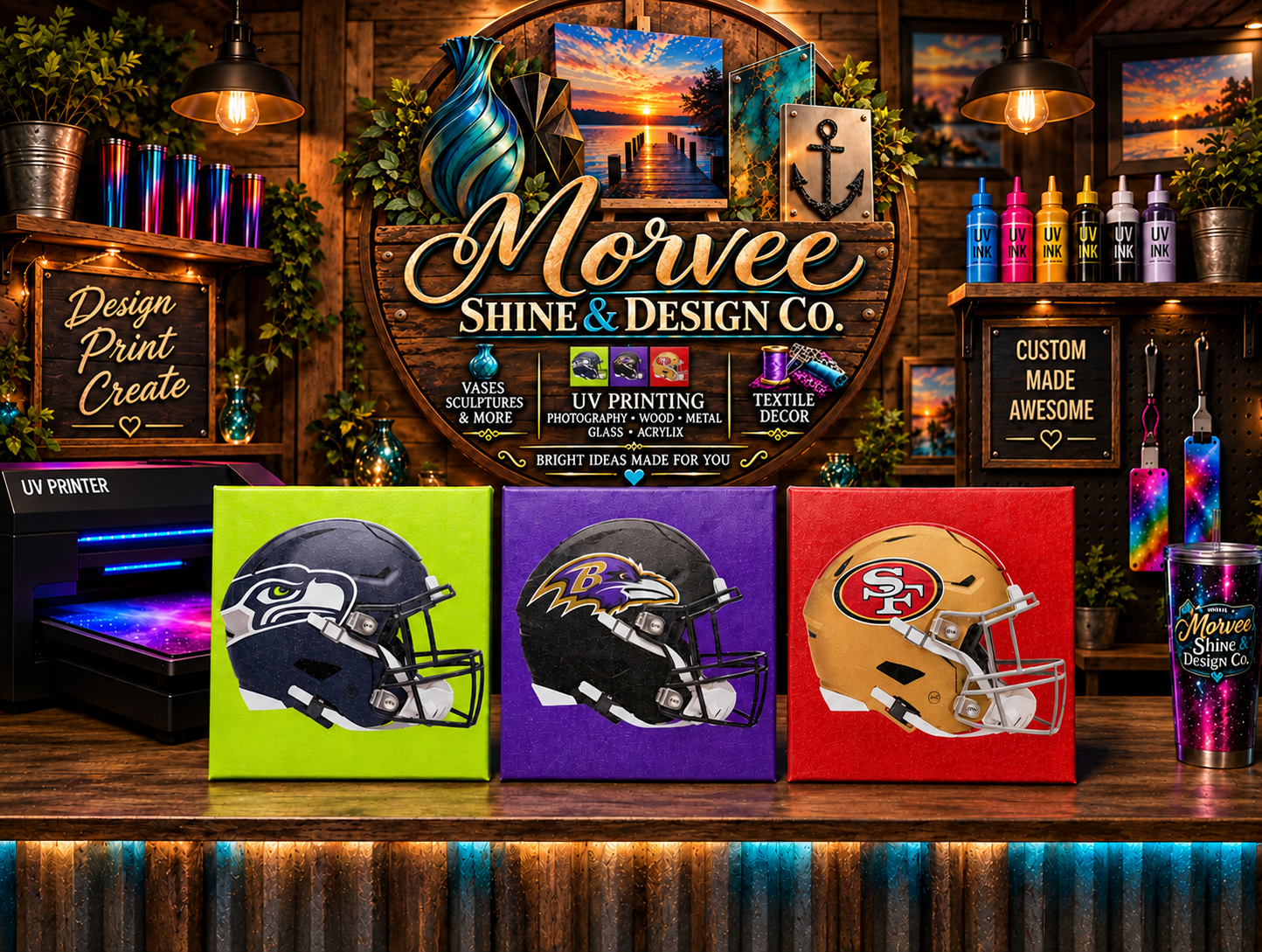 UV-printed sports team helmet canvases by Morvee Shine & Design Co. in Seahawks, Ravens, and 49ers colors